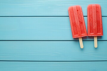 Watermelon popsicles on blue wooden table. Top view with copy space. Perfect for summer