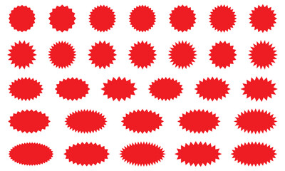 Starburst red sticker set - collection of special offer sale round and oval sunburst labels and buttons. Stickers and badges with star edges for promo advertising.