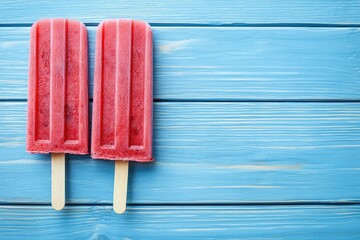 Watermelon popsicles on blue wooden table. Top view with copy space. Perfect for summer
