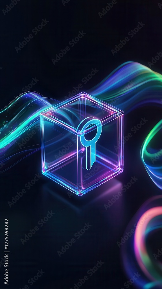Poster holographic key in glass cube surrounded by neon waves with futuristic vibes for tech design and dig