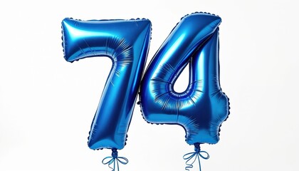 Shiny metallic blue balloon number 74 floating on white background. Celebration decor for birthday anniversary party invitation. Jubilee date air balloons composition mockup. Decorative helium