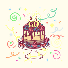 vector birthday cake with candle sixty (60) and cakestand. Colorful confetty decoration design. Festive cartoon invitation. Celebrate concept. Sweet Happy birthday party card isolated on light backgro