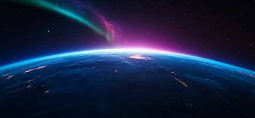 Fototapeta premium Spectacular view of earth from space with colorful aurora lights and stars