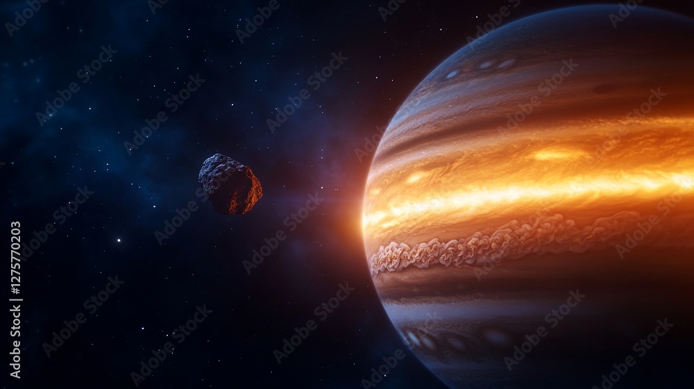 Poster spectacular view of jupiter and asteroid in deep space exploration
