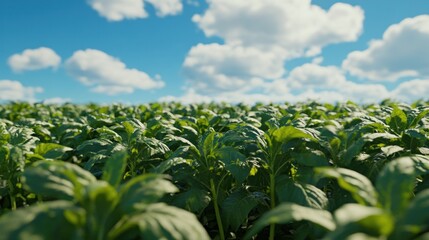 Lush green field under sunny sky, agriculture, growth,  background, website