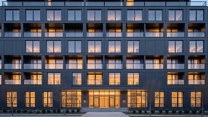 Modern apartment building exterior with glowing windows at dusk