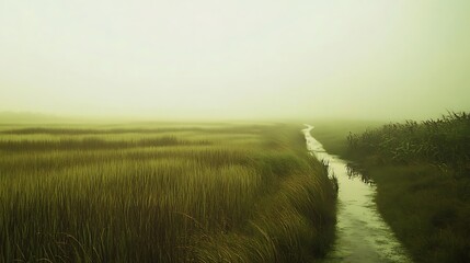 Obraz premium Misty field path, tranquil country landscape, serene morning, possible use for nature wallpaper