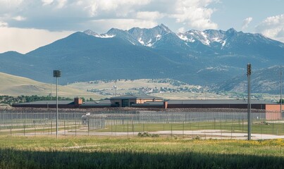 Prison facility with mountains in background on a sunny day.