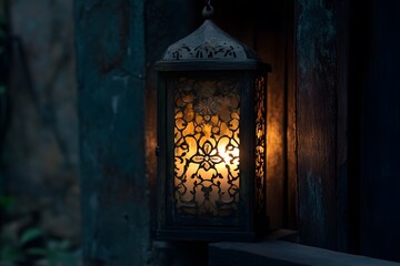 Rustic Wooden Lantern with Intricate Carvings, Softly Illuminated, Casting Delicate Shadows, Showcasing Traditional Craftsmanship and Timeless Charm