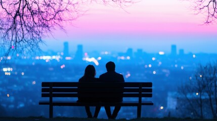 A couple sitting on a bench overlooking a scenic cityscape at dusk, romantic and peaceful,