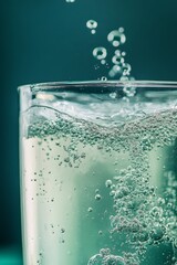 Sparkling water glass with rising bubbles over turquoise background.
