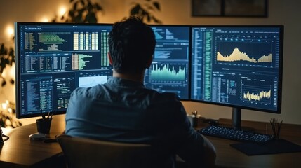 Fototapeta premium Man analyzing data on monitors at night home office