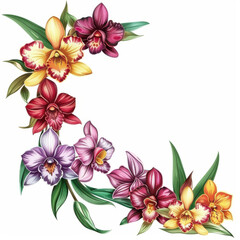 Vibrant floral arrangement featuring colorful orchids in various shades, creating beautiful corner design. Perfect for adding touch of nature and elegance to any project