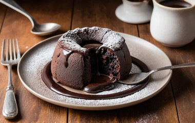 Delectable Chocolate Lava Cake Plated on Wooden Table with Oozing Molten Center and Cocoa Dusting

