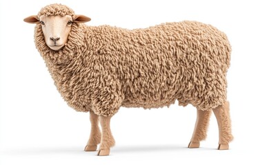 Fototapeta premium Realistic depiction of a fluffy sheep standing on a white background, ideal for agricultural themes