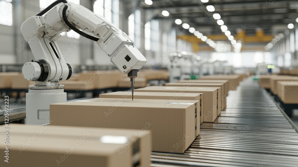 Aufkleber efficiency increase improvement automation concept. automated robotic arm packaging boxes in a moder