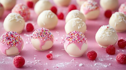 Obraz premium Colorful dessert balls decorated with sprinkles and raspberry on a pink background