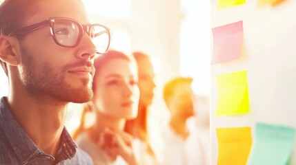 A diverse team brainstorming with colorful sticky notes on a whiteboard in a bright office, creative and collaborative atmosphere,