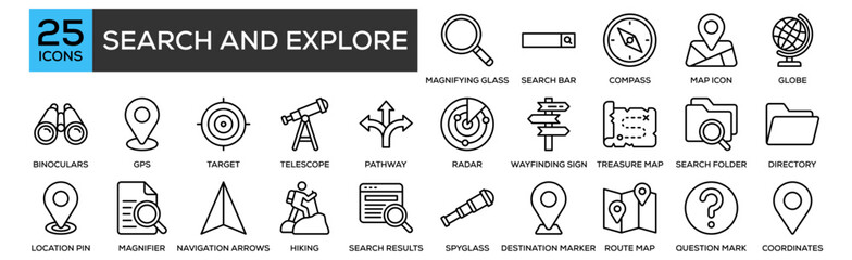 Search and Explore icon collection set. Containing design Magnifying Glass, Search Bar, Compass, Map Icon, Globe