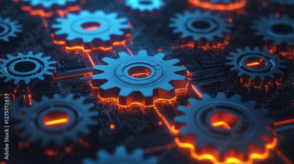 Poster efficiency increase improvement automation concept. mechanical gears with glowing edges on a dark ba