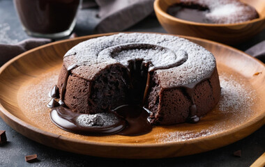 Irresistible Chocolate Lava Cake Plated on a Wooden Table with Gooey Center and Chocolate Drizzle