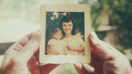 Nostalgic moment captured in vintage family photograph held by hands