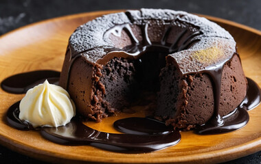 Delicious Chocolate Lava Cake on Wooden Plate with Cream and Chocolate Sauce on Wooden Table