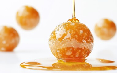 Floating dough balls coated in honey with dripping glaze, white background