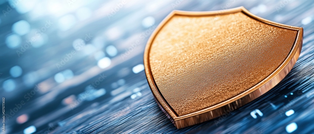 Poster secure data protection gold shield on digital background cybersecurity concept