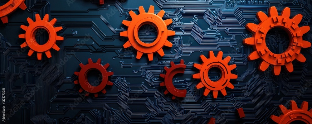Poster efficiency increase improvement automation concept. mechanical gears on a circuit board background i