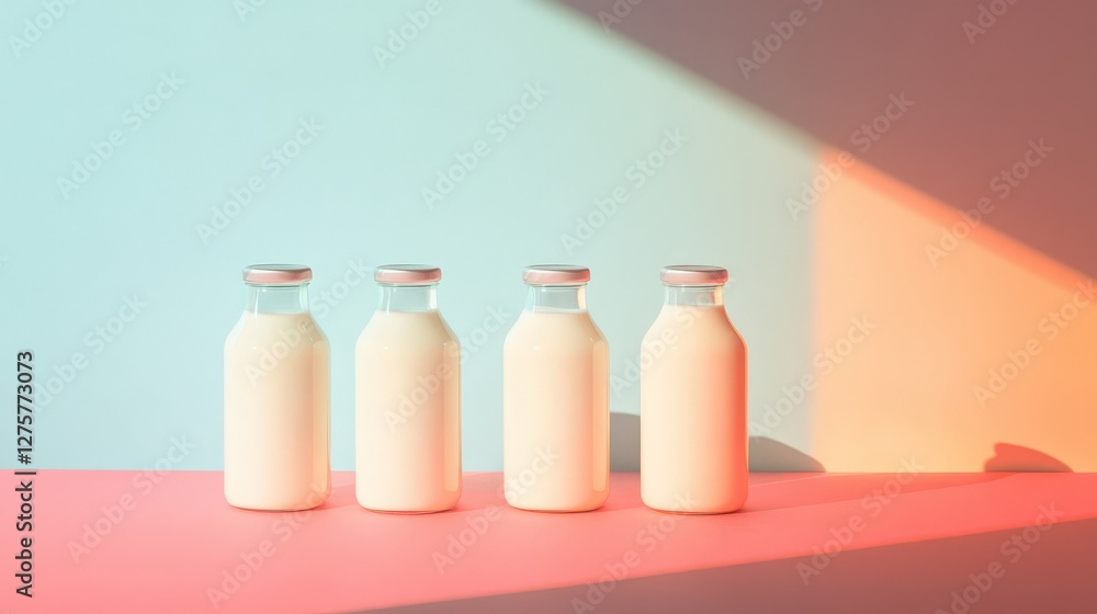 Aufkleber four glass milk bottles on a colorful surface with soft shadows and gradient background