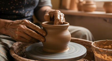 Pottery Wheel Shaping Clay Crafting a Vessel in an Authentic Workshop