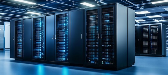 Modern Data Center With Rows of Server Racks, Network Hardware, and Blue LED Lighting