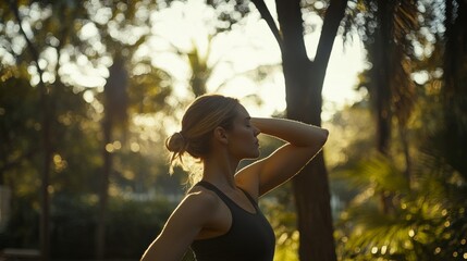 Shoulder stretch by a woman in a tranquil park at sunrise. Featuring strength and flexibility