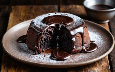 Heavenly Molten Chocolate Lava Cake Plated on a Rustic Wooden Table with Powdered Sugar and Rich Chocolate Sauce