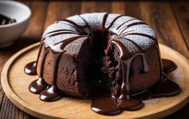 Molten Chocolate Lava Cake Plated Elegantly on a Rustic Wooden Table with Rich Chocolate Sauce and Powdered Sugar