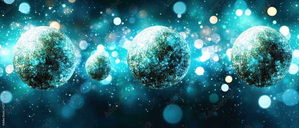 Poster sparkling teal orbs floating in a festive bokeh background