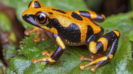 Fototapeta premium Vibrant orange and black frog on green leaf.