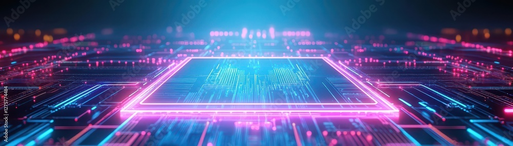 Poster Futuristic circuit board design with glowing neon lights and intricate patterns in dark background