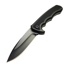 Fototapeta premium Sleek black folding knife with sharp blade design isolated on png transparent background, cut out