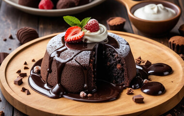 Delicious Molten Chocolate Lava Cake Plated on Rustic Wooden Table with Powdered Sugar and Melted Center