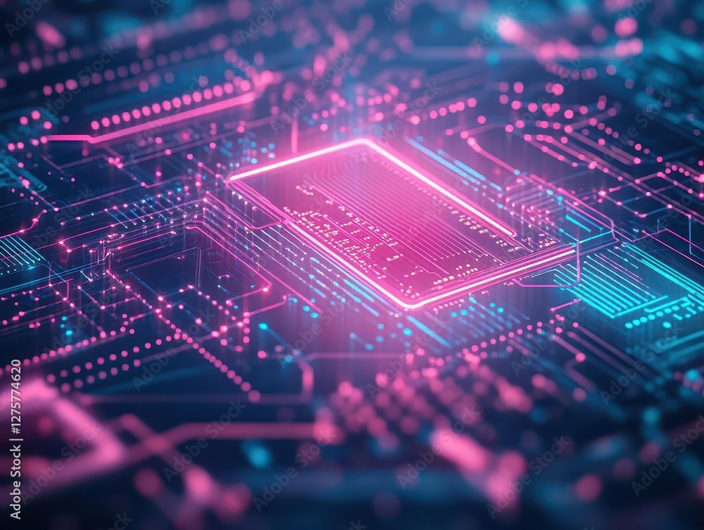 Poster close up of a circuit board featuring pink and blue electronic components and intricate pathways