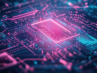 Obraz premium Close up of a circuit board featuring pink and blue electronic components and intricate pathways