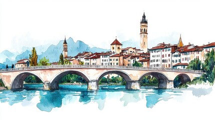 Fototapeta premium Scenic View of Historic Bridge and Charming Town by the Water