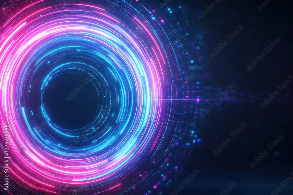 Fototapete Circular neon lights glowing in a dark environment creating a vibrant and colorful visual display