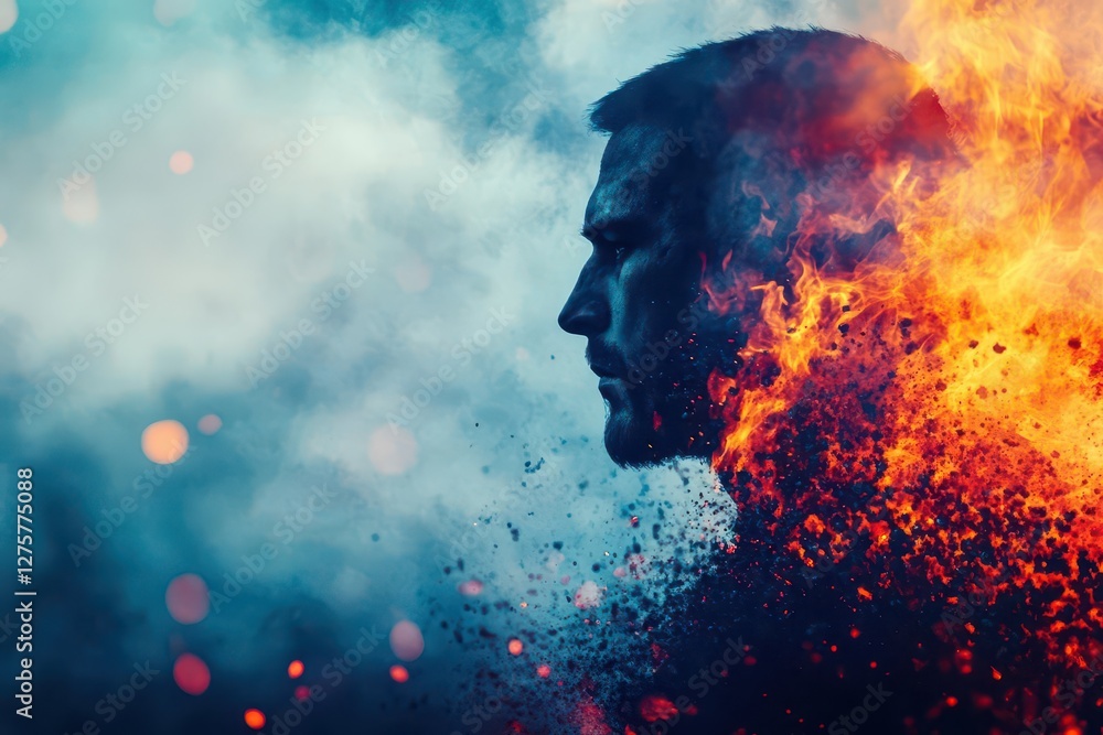 Poster Man standing in flames with blue background creating a dramatic contrast in a surreal scene