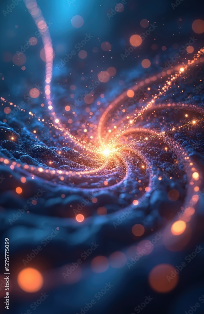 Poster Artistic representation of quantum physics. Spiral structure of energy with glowing particles in cosmos. Exploring enigma and paradoxical nature of quantum realm. Particle physics and energy concept.