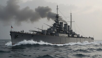 Fototapeta premium A powerful battleship navigates turbulent waters at twilight, cutting through the waves while smoke billows from its smokestacks, evoking a sense of strength and heritage on the high seas