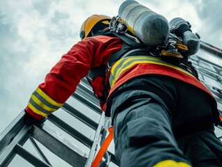 Rescue firefighter climbing ladder in red and yellow tones art