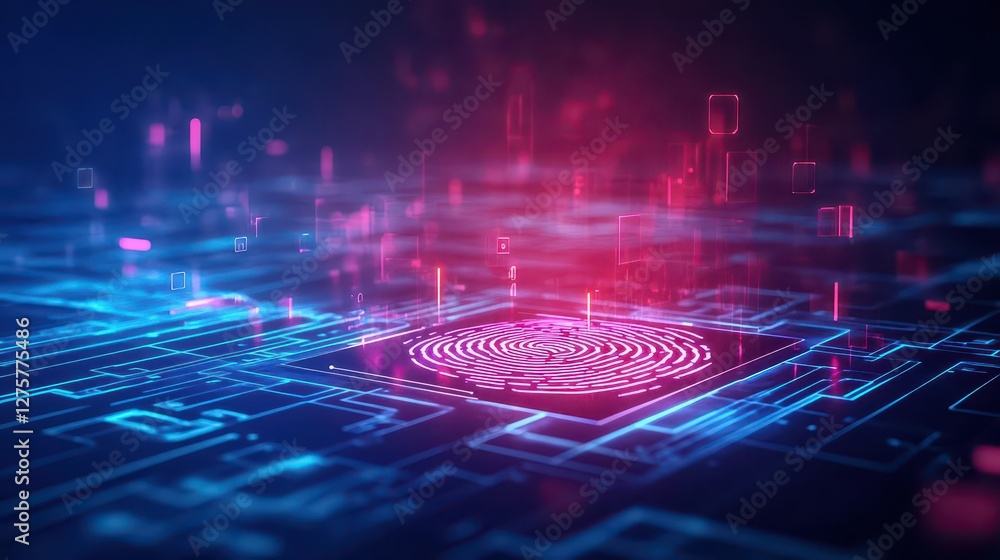 Poster Computer circuit board illuminated with red and blue light creating a vibrant technological atmosphere